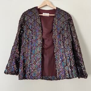 Vintage Lee Jordan Sequin Blazer Jacket 70s Size 12 Multi-Color Lined Burgandy